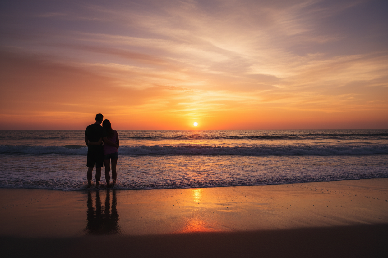 couple standing on a beach admiring the sunset